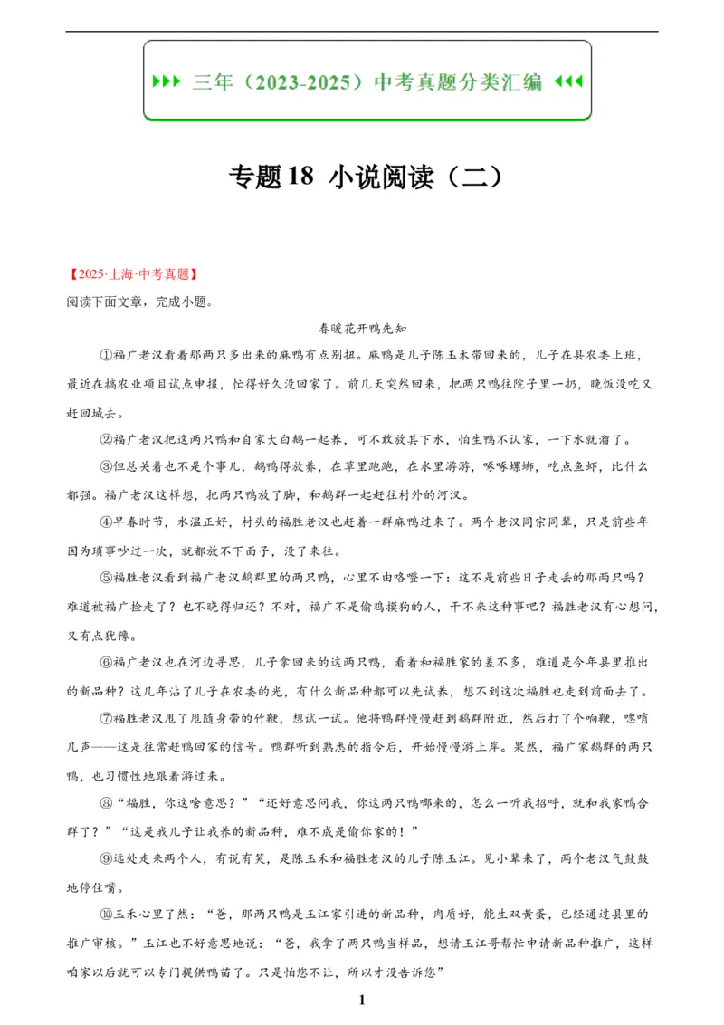 专题18小说阅读(二)(原卷版)_2023-2025《3年中考1年模拟》真题分类汇编（语文、数学）(1)_2023-2025《3年中考1年模拟真题分类汇编》语文