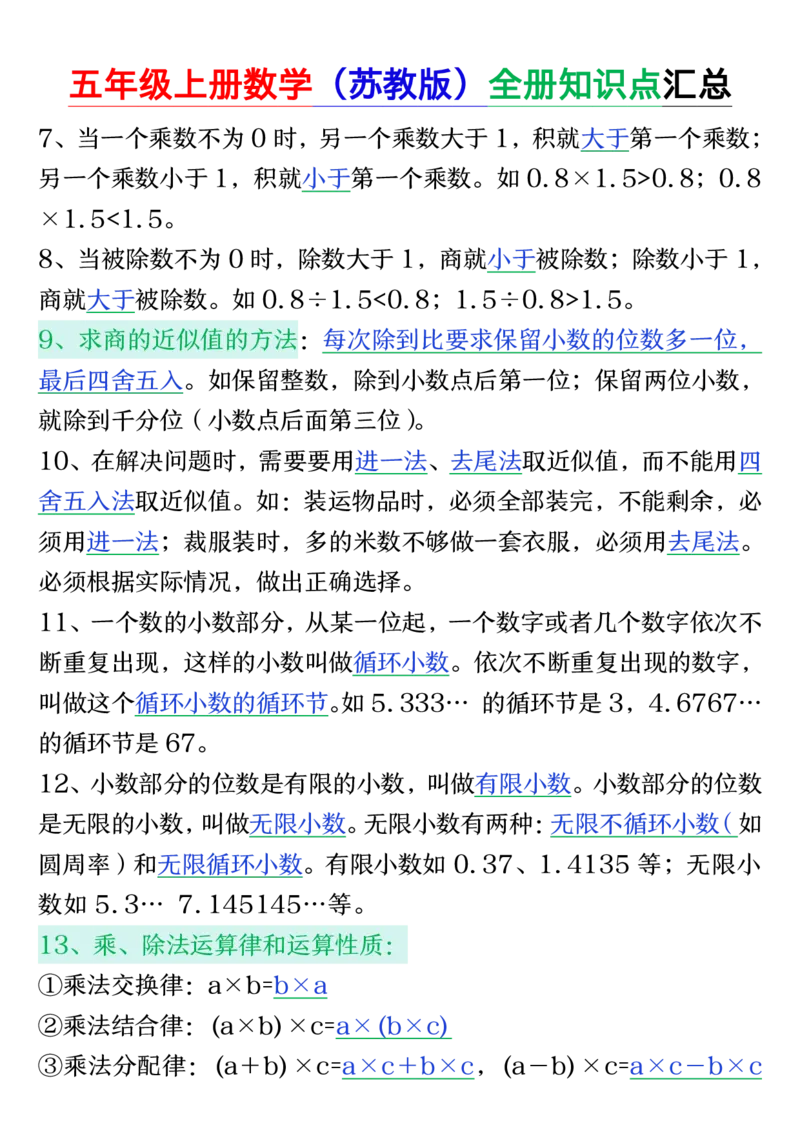 25秋五年级上册数学上册苏教版《全册知识点汇总》_五上数学25秋
