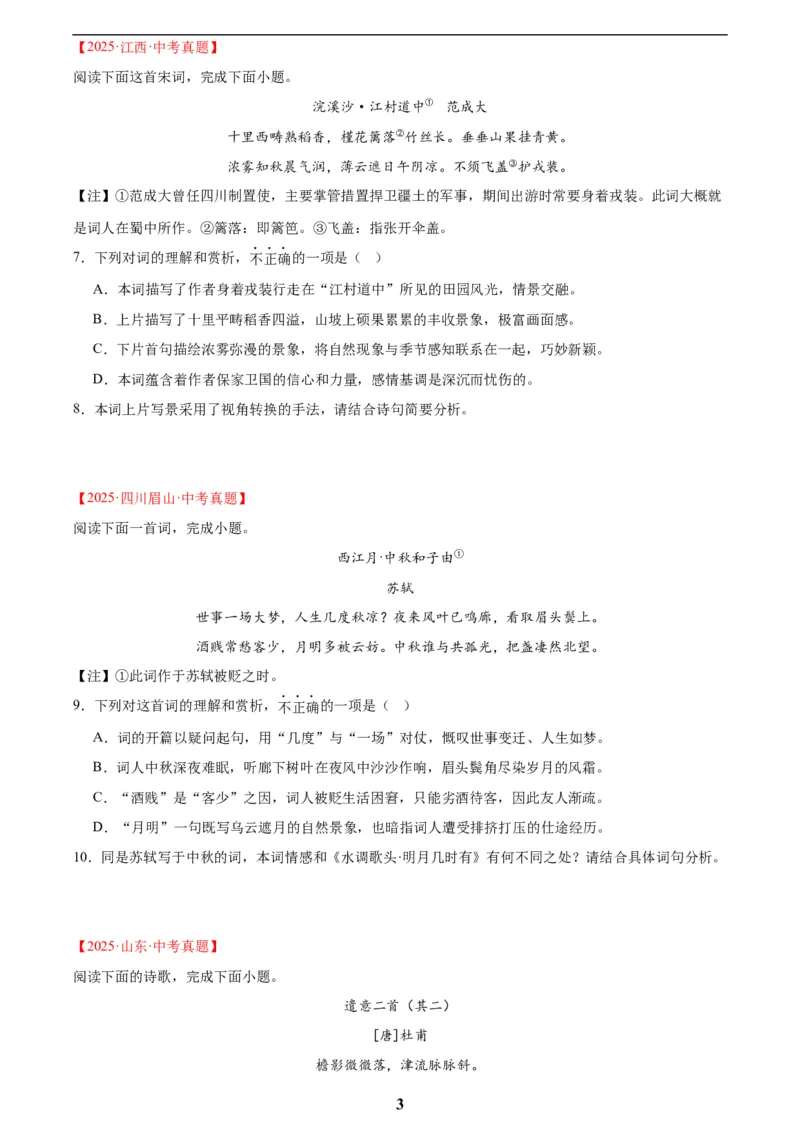 专题12诗词鉴赏(原卷版)_2023-2025《3年中考1年模拟真题分类汇编》语文