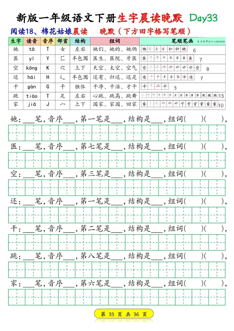 1033新版一年级语文下册生字晨读晚默1-36天_一年级上下册资料_一年级下册小红书同款资料_一下数学