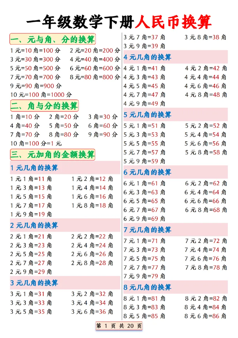 1039一年级数学下册人民币换算_纯图版__一年级上下册资料_一年级下册小红书同款资料_一下数学_25年一下数学资料