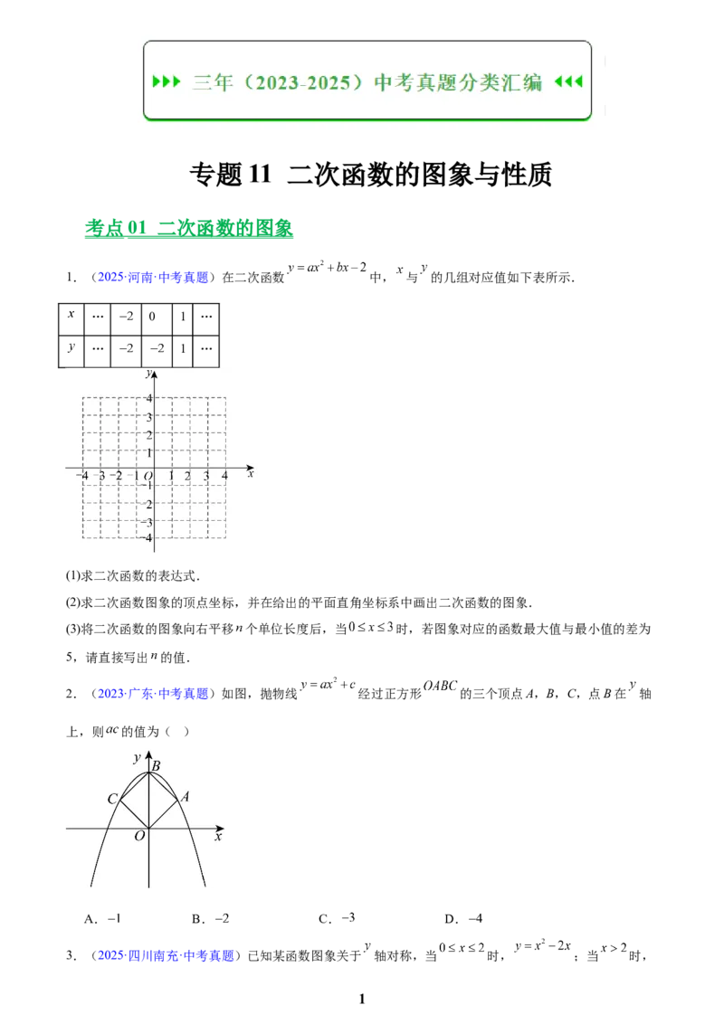 专题11二次函数的图象与性质(原卷版)_2023-2025《3年中考1年模拟真题分类汇编》数学