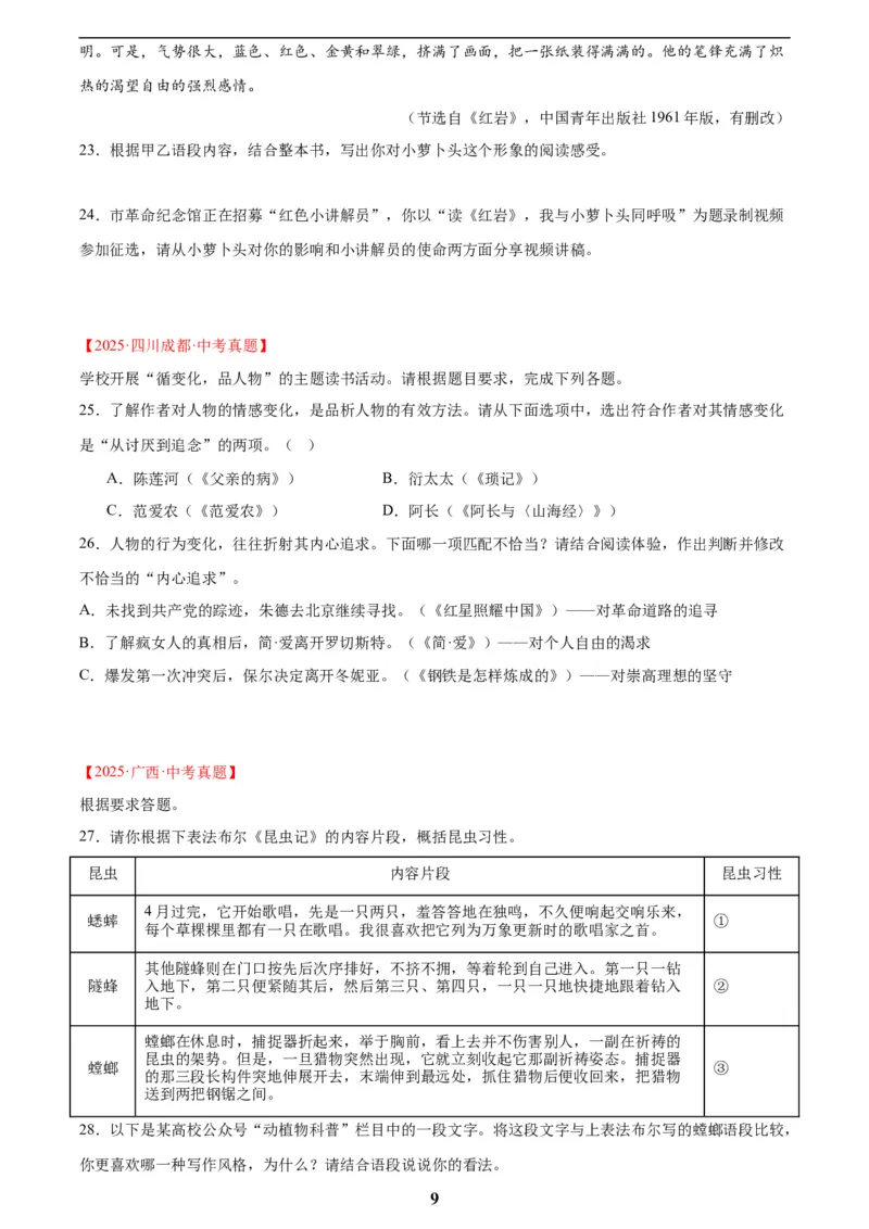 专题09名著导读(原卷版)_2023-2025《3年中考1年模拟真题分类汇编》语文