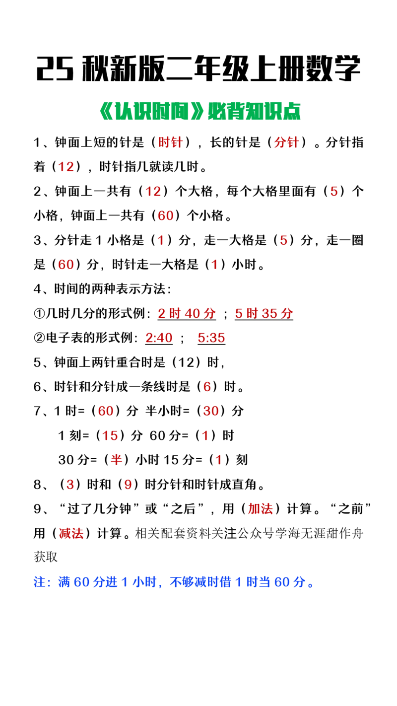 2025秋新版二年级上册数学认识时间必背知识点整理_二上数学25秋