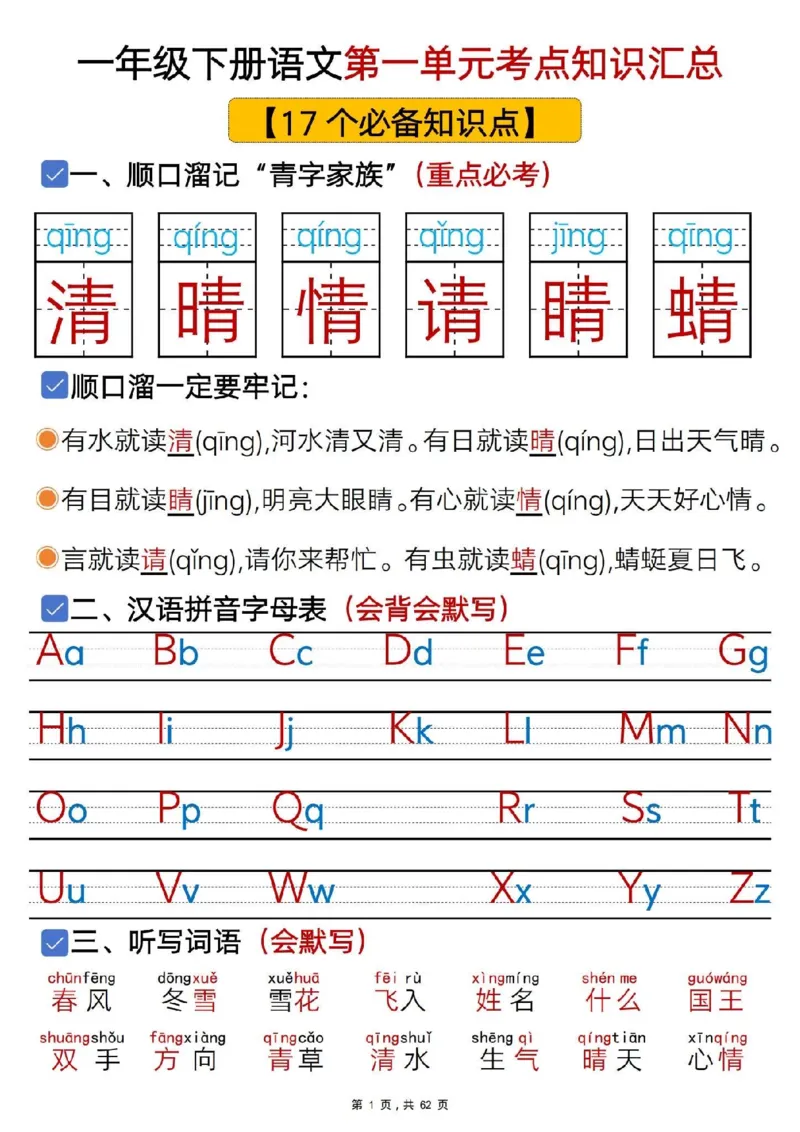 1108一年级语文下册1-8单元知识汇总_一年级上下册资料_一年级下册小红书同款资料_一下数学