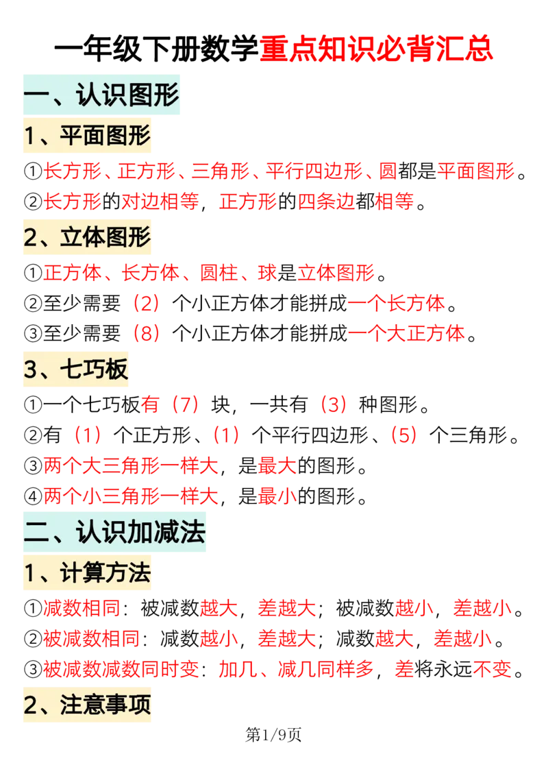 1.18一年级下册数学重点知识必背汇总_一年级上下册资料_小学一年级学习资料-25年更新版_1-04、小学一年级数学下册_1-4-1、复习、知识点、归纳汇总_人教版