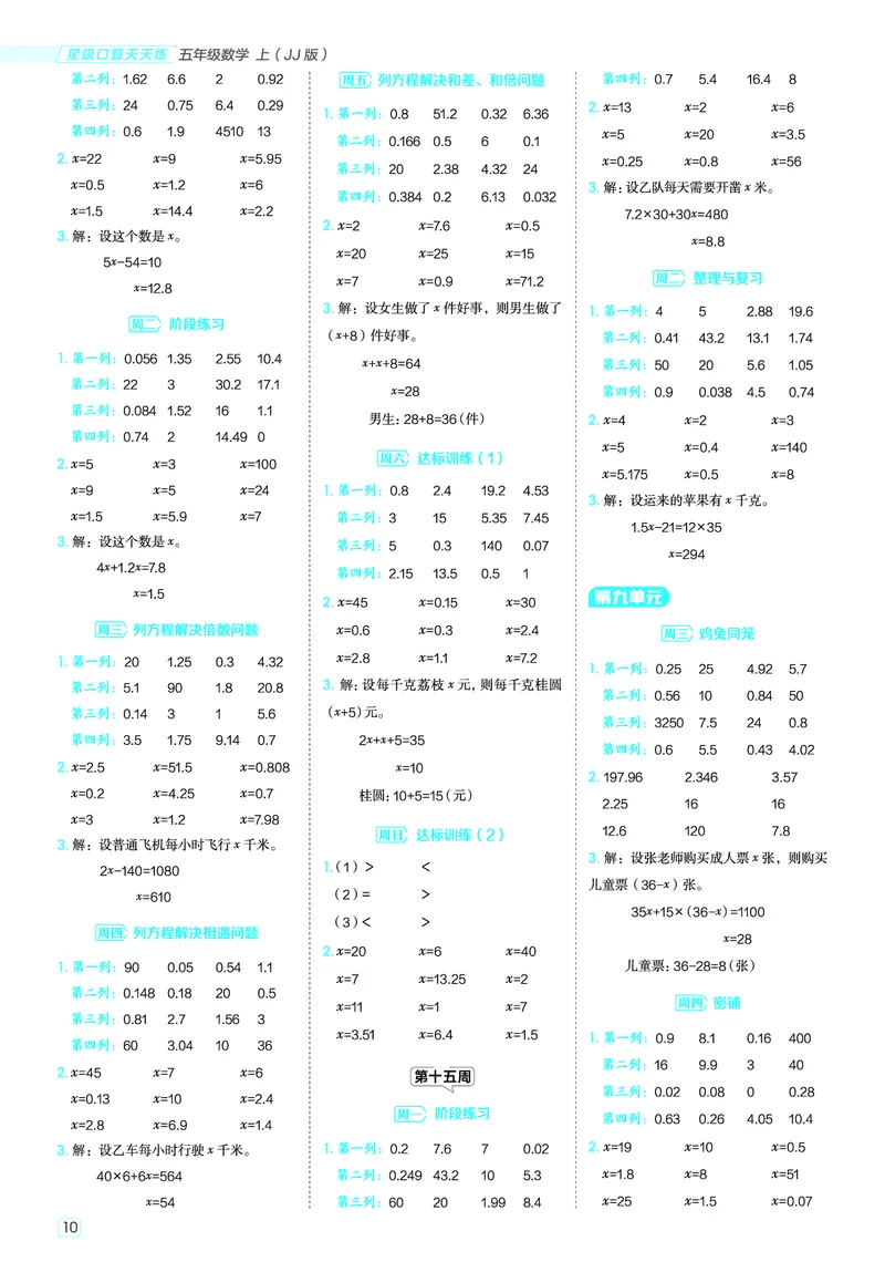 25秋星级口算天天练五年级数学上（JJ版）答案_🍎星级口算冀教25年上册(1)