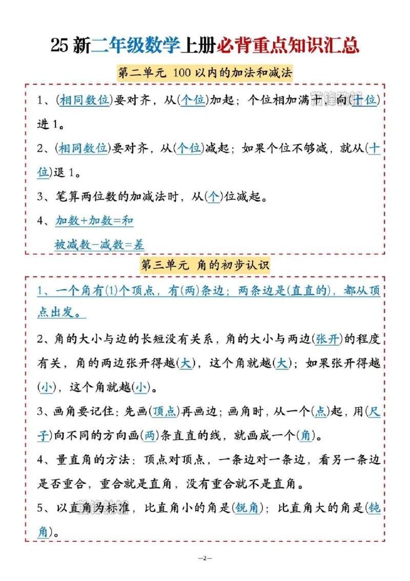 25新二年级数学上册必背重点知识汇_🍎⭐️期中知识汇总人教25年上册