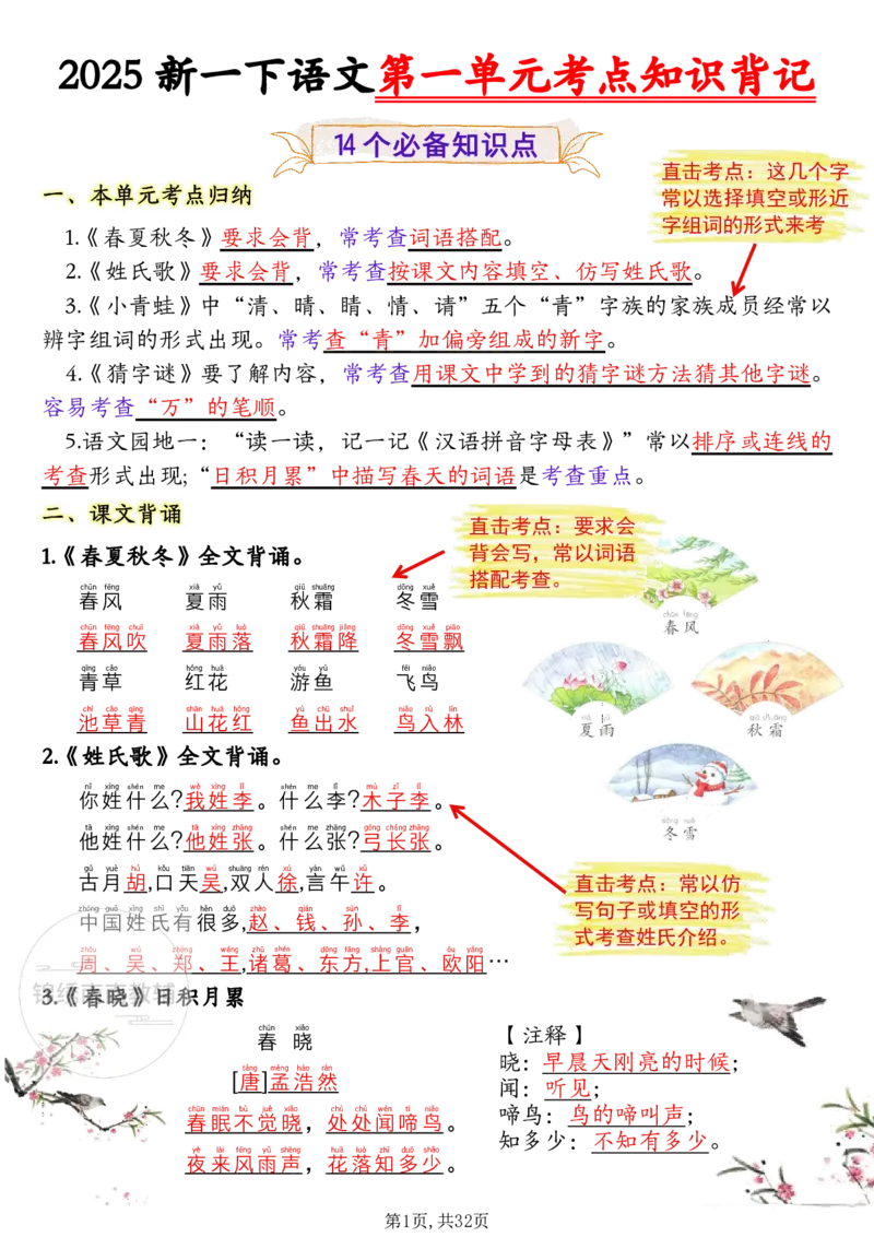 1157一年级（下）语文1-8单元考点知识背记（32页）(1)_一年级上下册资料_一年级下册小红书同款资料_一下数学
