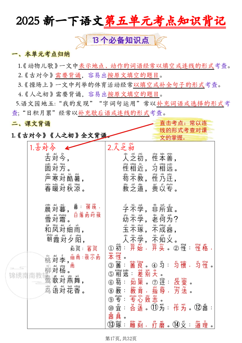 1157一年级（下）语文1-8单元考点知识背记（32页）(1)_一年级上下册资料_一年级下册小红书同款资料_一下数学