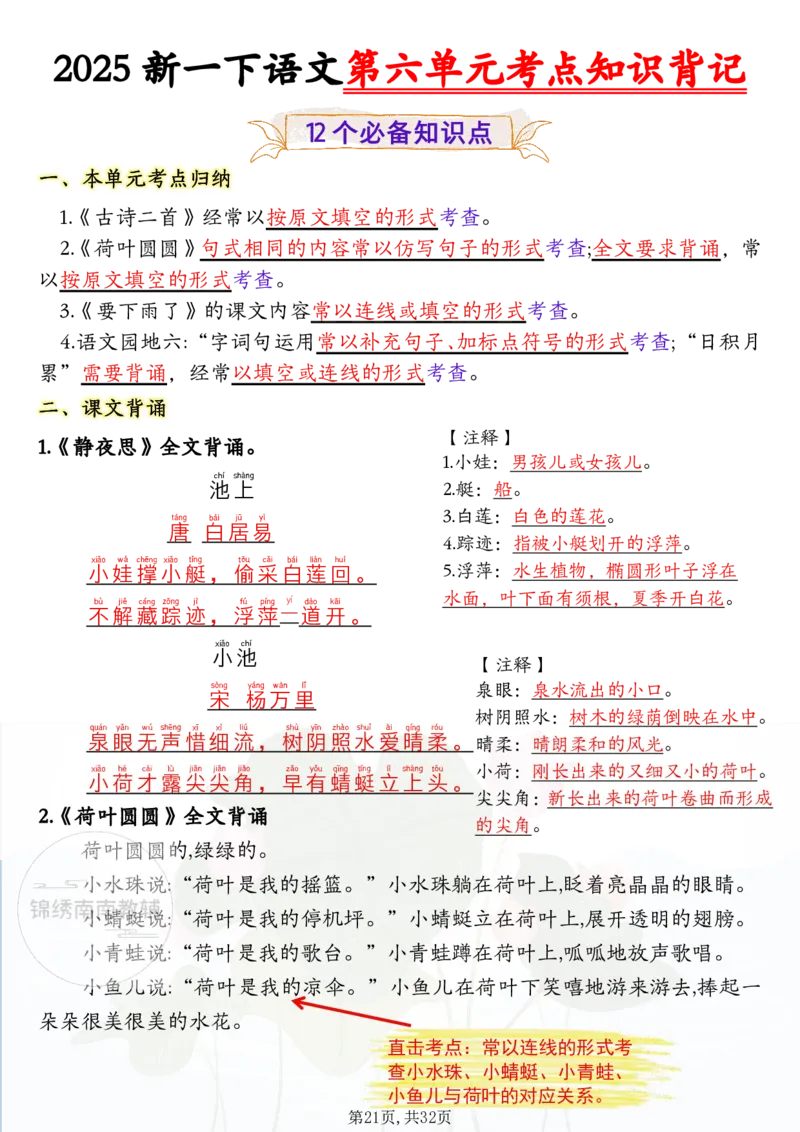 1157一年级（下）语文1-8单元考点知识背记（32页）(1)_一年级上下册资料_一年级下册小红书同款资料_一下数学
