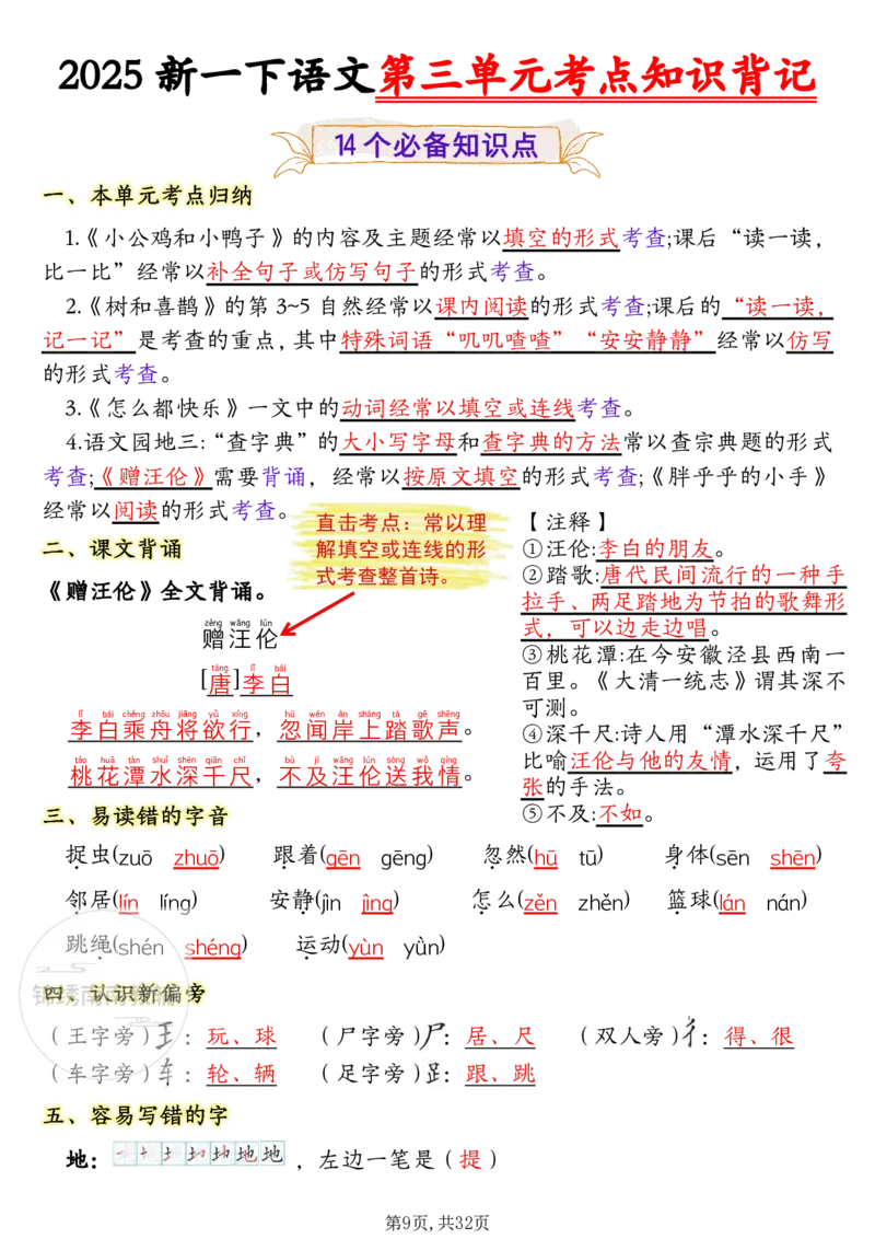 1157一年级（下）语文1-8单元考点知识背记（32页）(1)_一年级上下册资料_一年级下册小红书同款资料_一下数学
