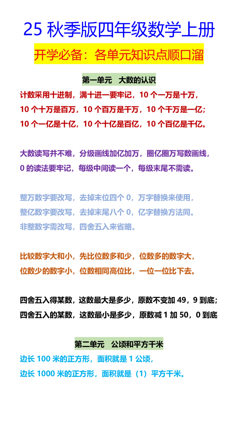2025秋新版四年级数学上册开学必备：各单元知识点顺口溜(555)_小学全网线上同款资料