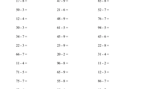 (两位数减一位数（退位）1000题_小学数学口算竖式脱式计算应用题一二三四五六年级上下册电_小学数学口算题库电子版（1-6）_小学数学口算一年级_口算1年级下册17000题