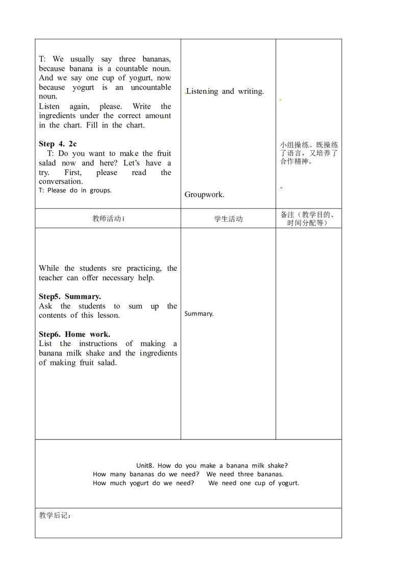 八年级英语教案：Unit8Howdoyoumakeabananamilkshake.2_初中英语新版_最新人教版英语八年级上册_老版（含有参考价值）_01教案人教版初中英语八上（多版本）易提分旗舰店