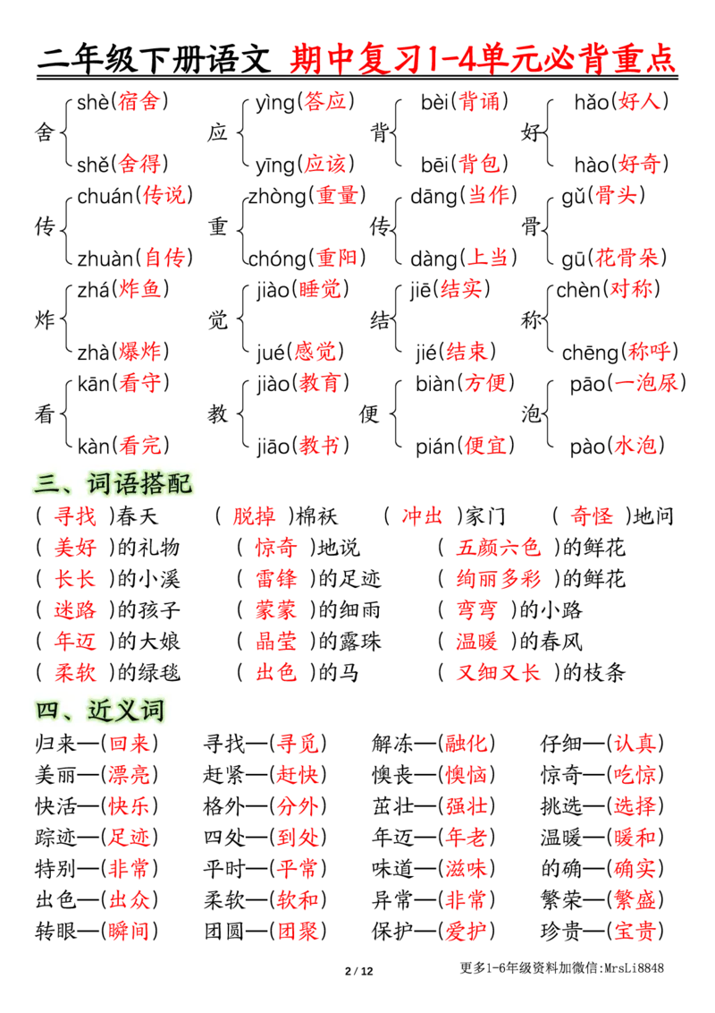 0413二（下）语文期中复习1-4单元自编知识点（必背）李老师输出_二年级上下册资料_小学二年级学习资料-25年更新版_2-02、小学二年级语文下册_2-2-1、复习、知识点、归纳汇总