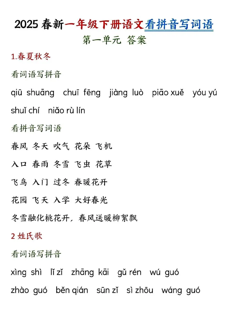 1074新一年级下册语文看拼音写词语(1)_一年级上下册资料_一年级下册小红书同款资料_一下数学