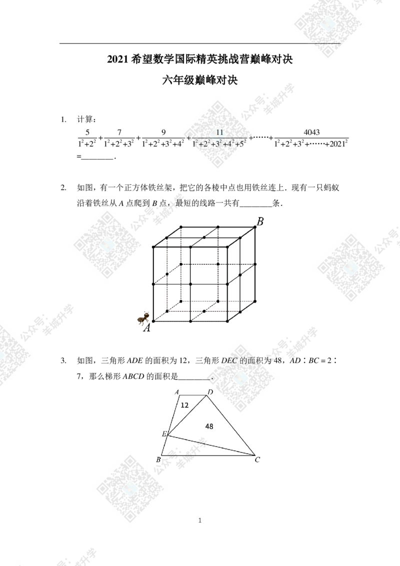 2021夏令营巅峰对决六年级题目及答案_希望杯IHC