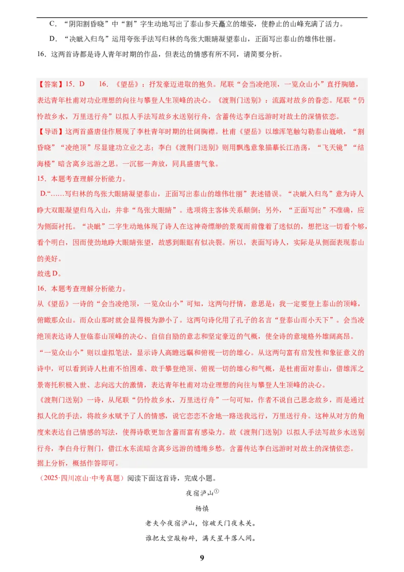 专题12诗词鉴赏(解析版)_2023-2025《3年中考1年模拟真题分类汇编》语文