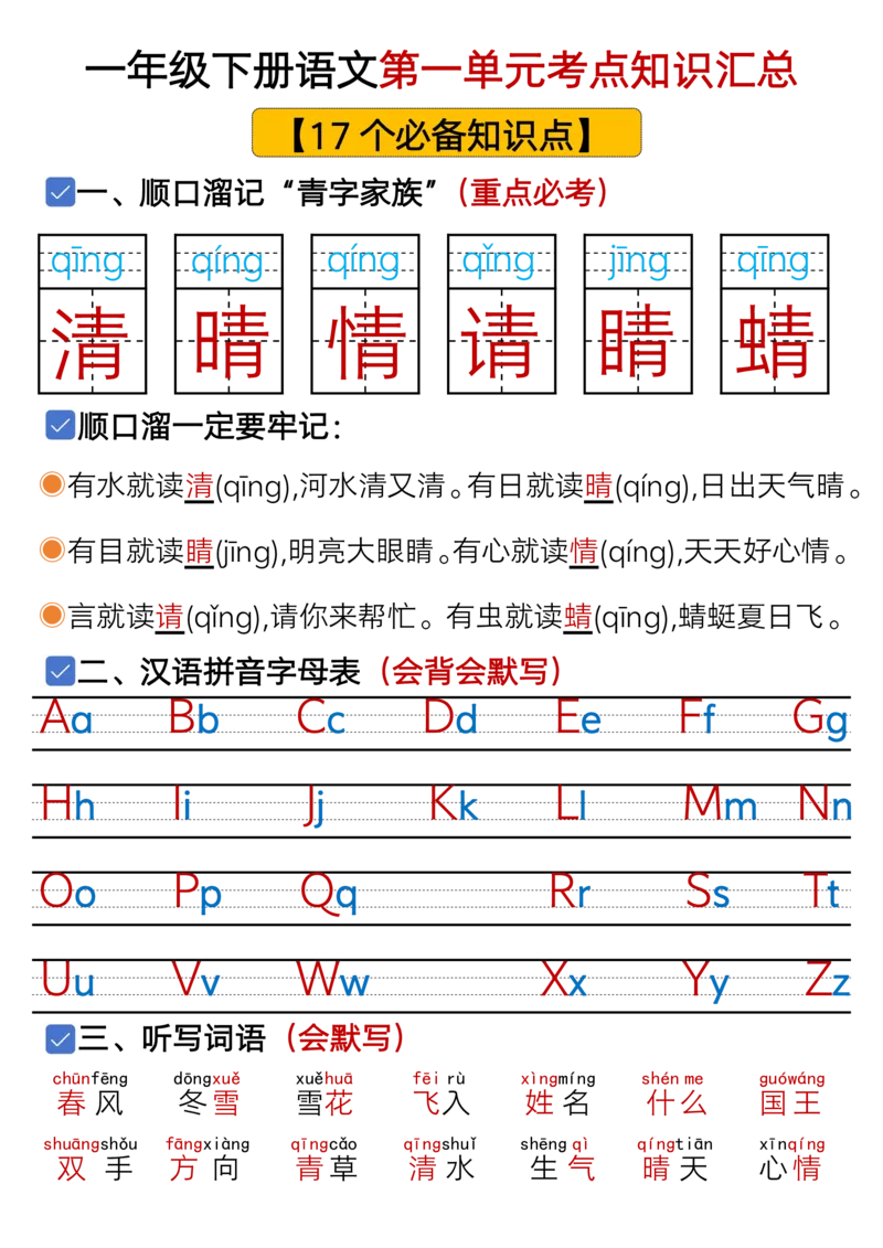 1073一年级语文下册1-8单元考点总结（含空白版）_一年级上下册资料_一年级下册小红书同款资料_一下数学