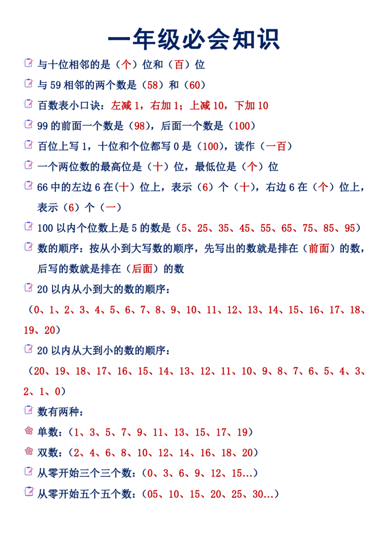 一年级必会数学知识_幼小语数英专项资料_幼小数学专项