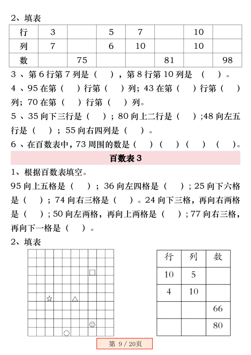1103一下数学《百数表》易错专项练习强化训练（含答案20页）_一年级上下册资料_一年级下册小红书同款资料_一下数学_25年一下数学资料