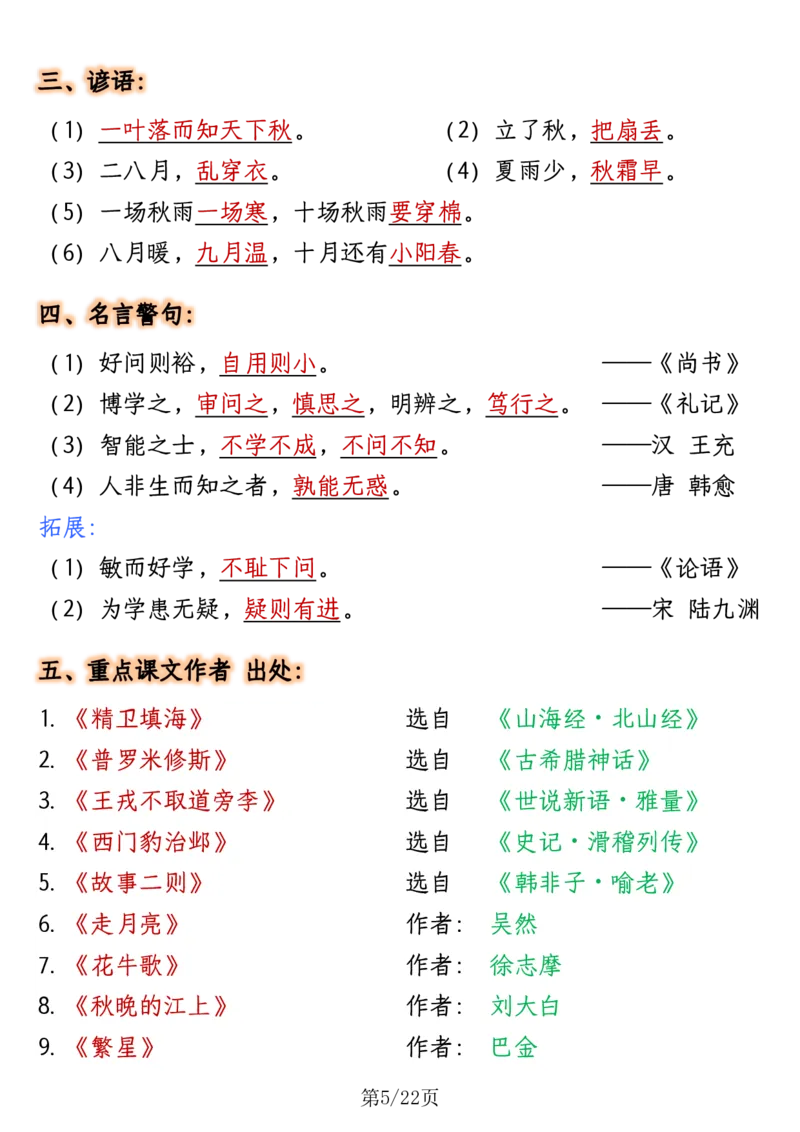 四年级语文上册全册高频知识点归纳_1-6语文上册知识点