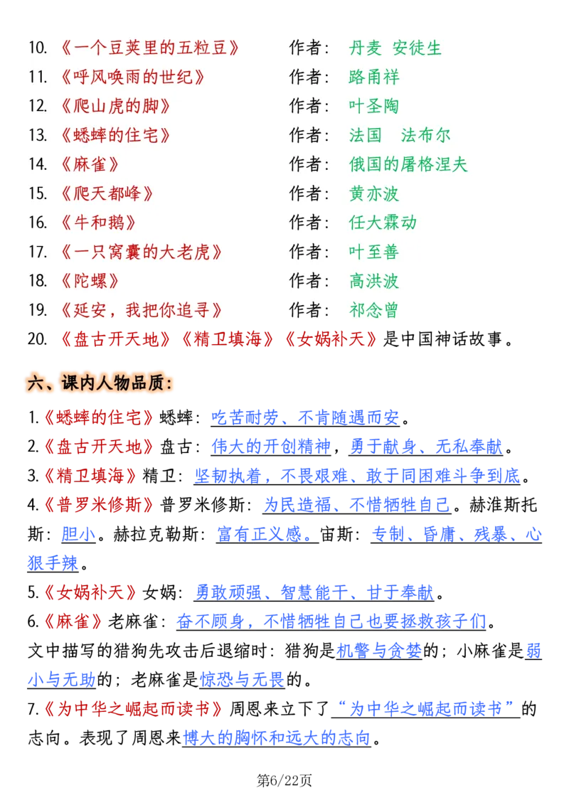 四年级语文上册全册高频知识点归纳_1-6语文上册知识点