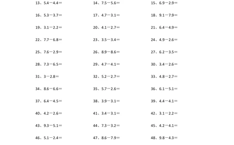 1位小数-1位小数第1-20篇_小学数学口算竖式脱式计算应用题一二三四五六年级上下册电_小学数学口算题库电子版（1-6）_小学数学口算四年级_口算题适合4年级_小数-减法（100篇）