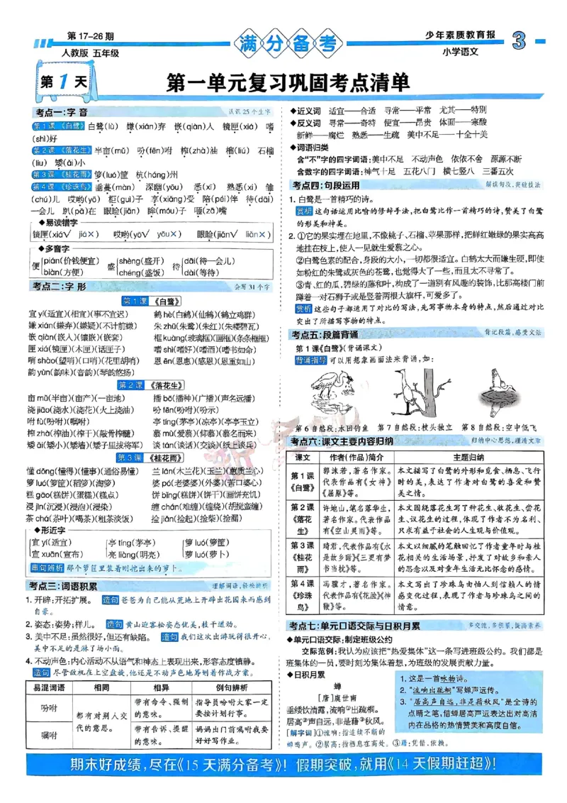 五年级语文上册人教版24秋《15天满分备考期末系统总复习》_2024年人教版小学数学一二三四五六年级上册下册期中期末试a0747_期末总复习_《15天满分备考期末系统总复习》