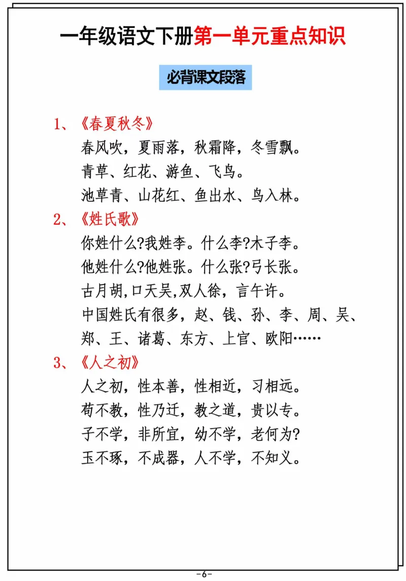 2.26_一年级下册语文第一单元重点知识汇总_一年级上下册资料_小学一年级学习资料-25年更新版_1-02、小学一年级语文下册_3-6-2-1、复习、知识点、归纳汇总_部编（人教）版