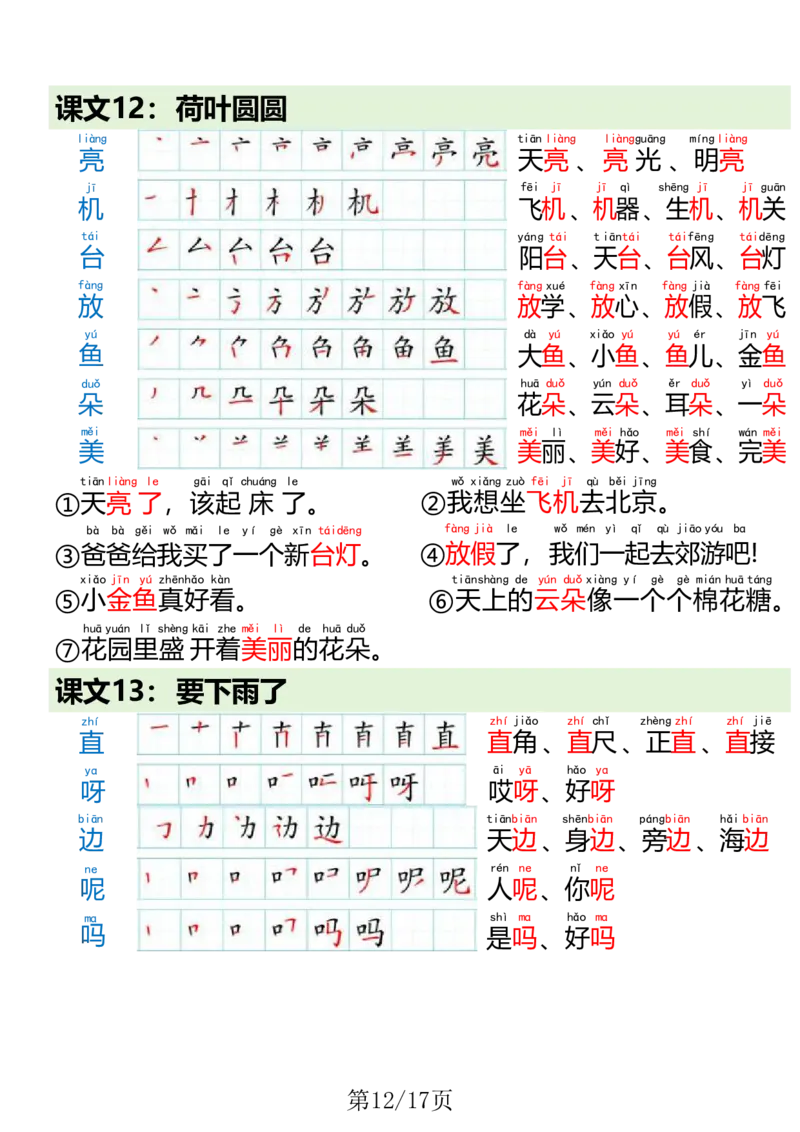 1023一（下）语文写字表笔画笔顺组词造句(1)(1)_一年级上下册资料_一年级下册小红书同款资料_一下数学