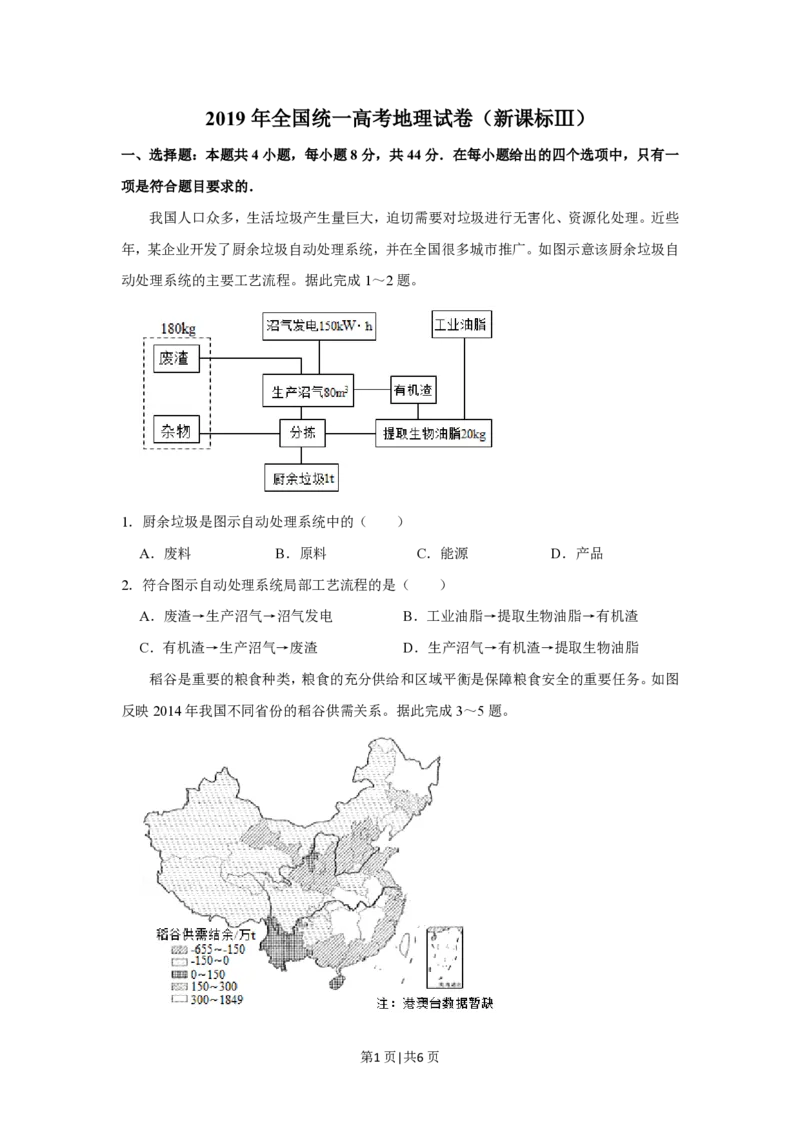 2019年高考地理试卷（新课标Ⅲ）（空白卷）_地理历年高考真题_新&middot;PDF版2008-2025&middot;高考地理真题_地理（按省份分类）2008-2025_2008-2024&middot;（四川）地理高考真题