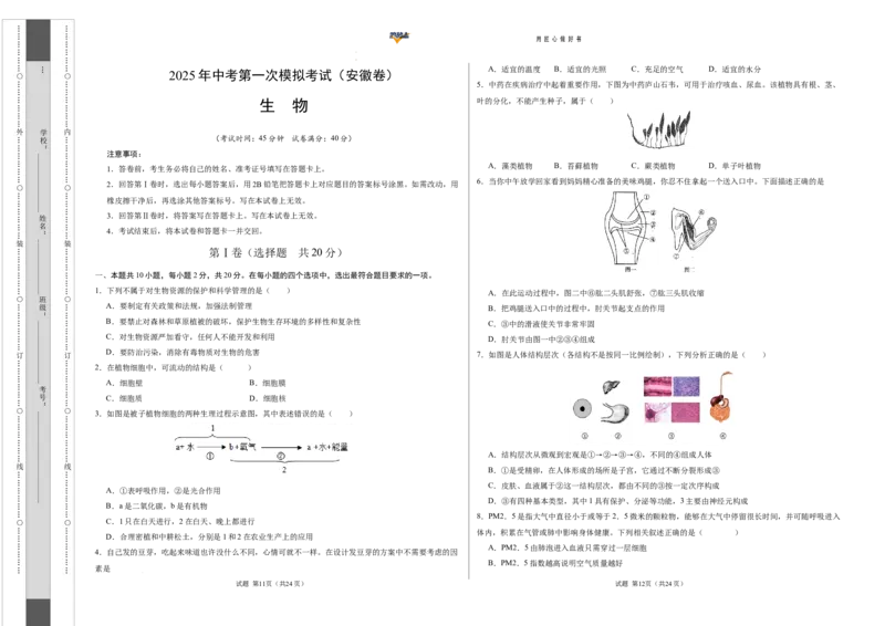 生物（安徽卷）（考试版A3）_2025年初中《中考第一次模拟》全国各地区模拟卷（8科全）(1)_2025年《中考第一次模拟卷》初中生物_安徽&radic;