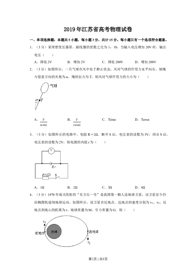 2019年高考物理试卷（江苏）（空白卷）_物理历年高考真题_新&middot;Word版2008-2025&middot;高考物理真题_物理（按年份分类）2008-2025_2019&middot;高考物理真题