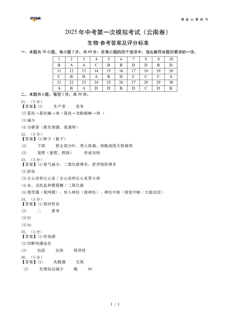 生物（云南卷）（参考答案及评分标准）_2025年初中《中考第一次模拟》全国各地区模拟卷（8科全）(1)_2025年《中考第一次模拟卷》初中生物_云南&radic;