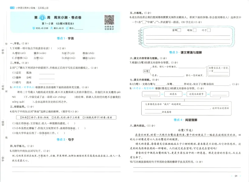 2025秋一本周末小测卷语文5上