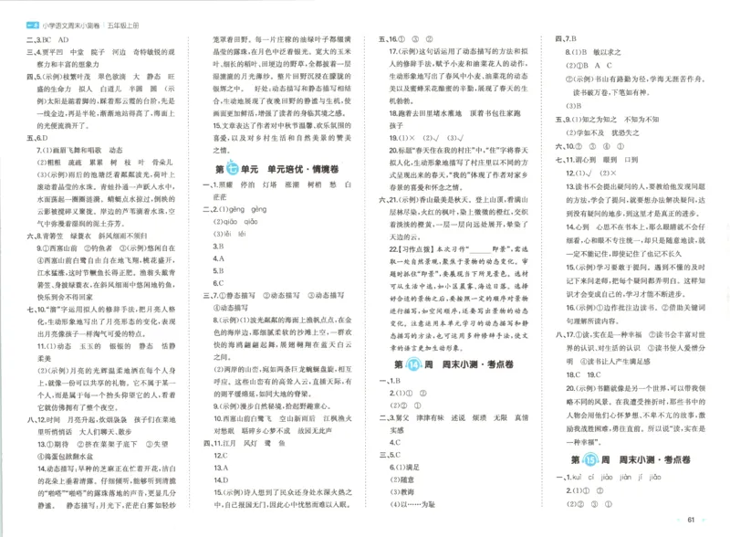 2025秋一本周末小测卷语文5上