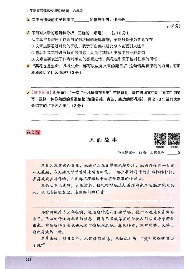 2026版六年级木头马88篇高效训练-副本_26版高效阅读88篇六年级