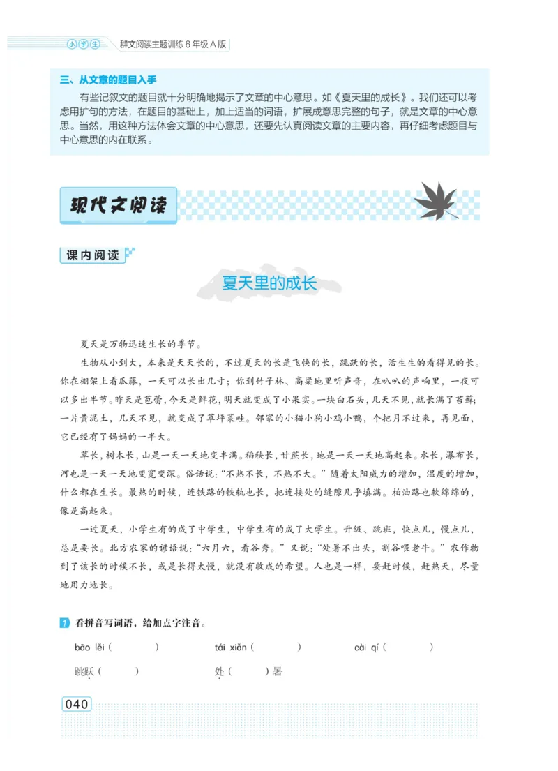 《群文阅读主题训练》语文6年级上册（RJ）