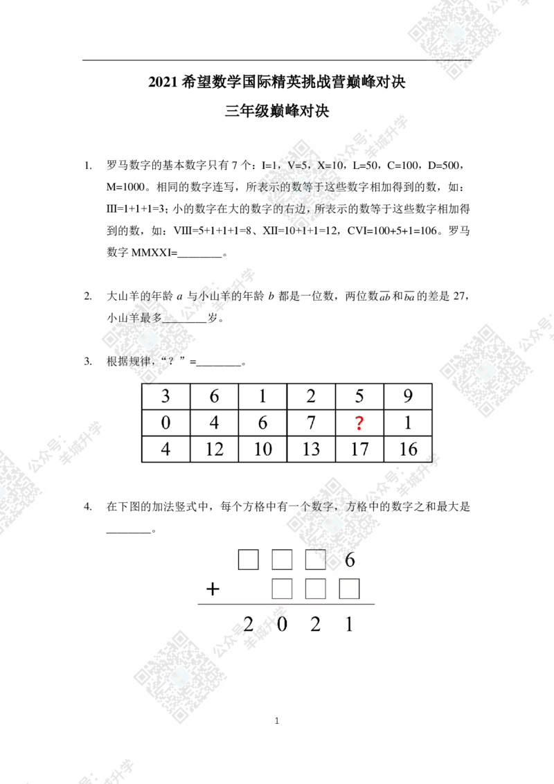 2021夏令营巅峰对决3年级题目及答案_希望杯IHC