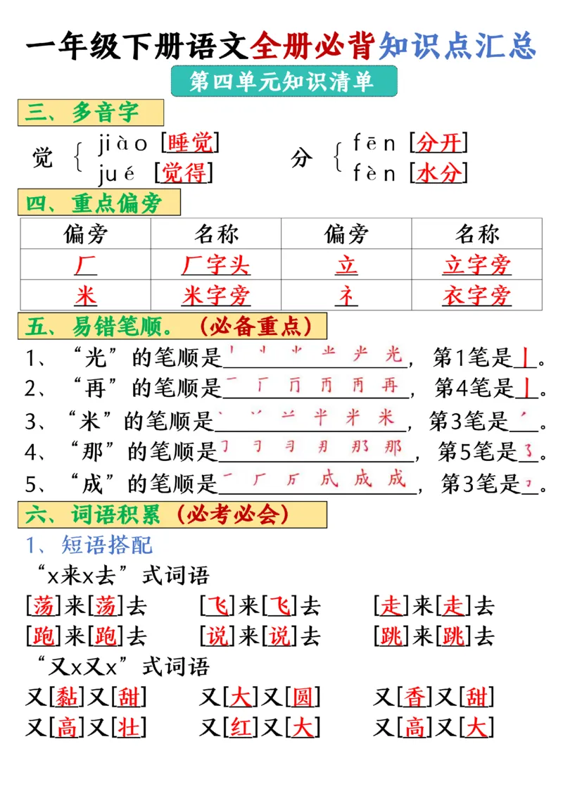 1105-25春一年级下册语文全册必背知识点汇总_一年级上下册资料_一年级下册小红书同款资料_一下数学