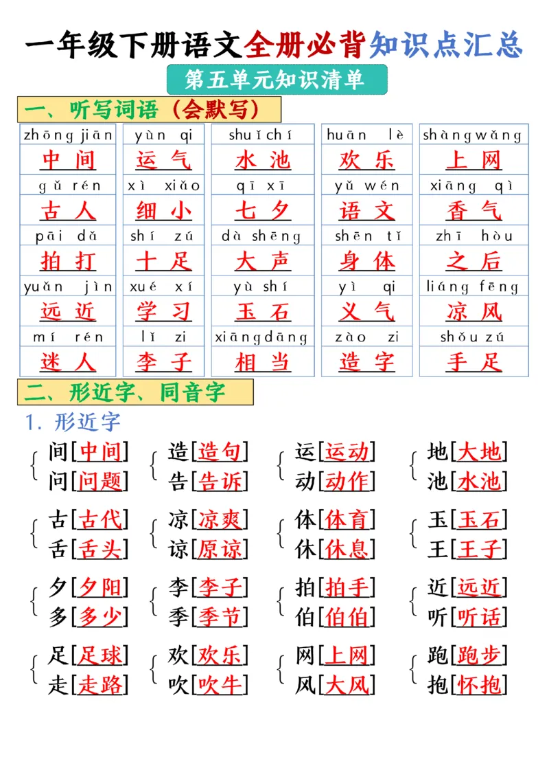 1105-25春一年级下册语文全册必背知识点汇总_一年级上下册资料_一年级下册小红书同款资料_一下数学