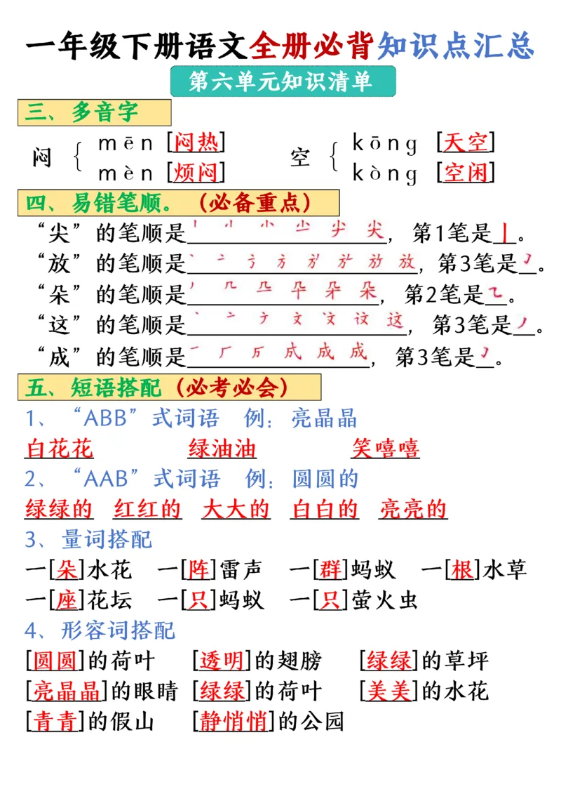 1105-25春一年级下册语文全册必背知识点汇总_一年级上下册资料_一年级下册小红书同款资料_一下数学