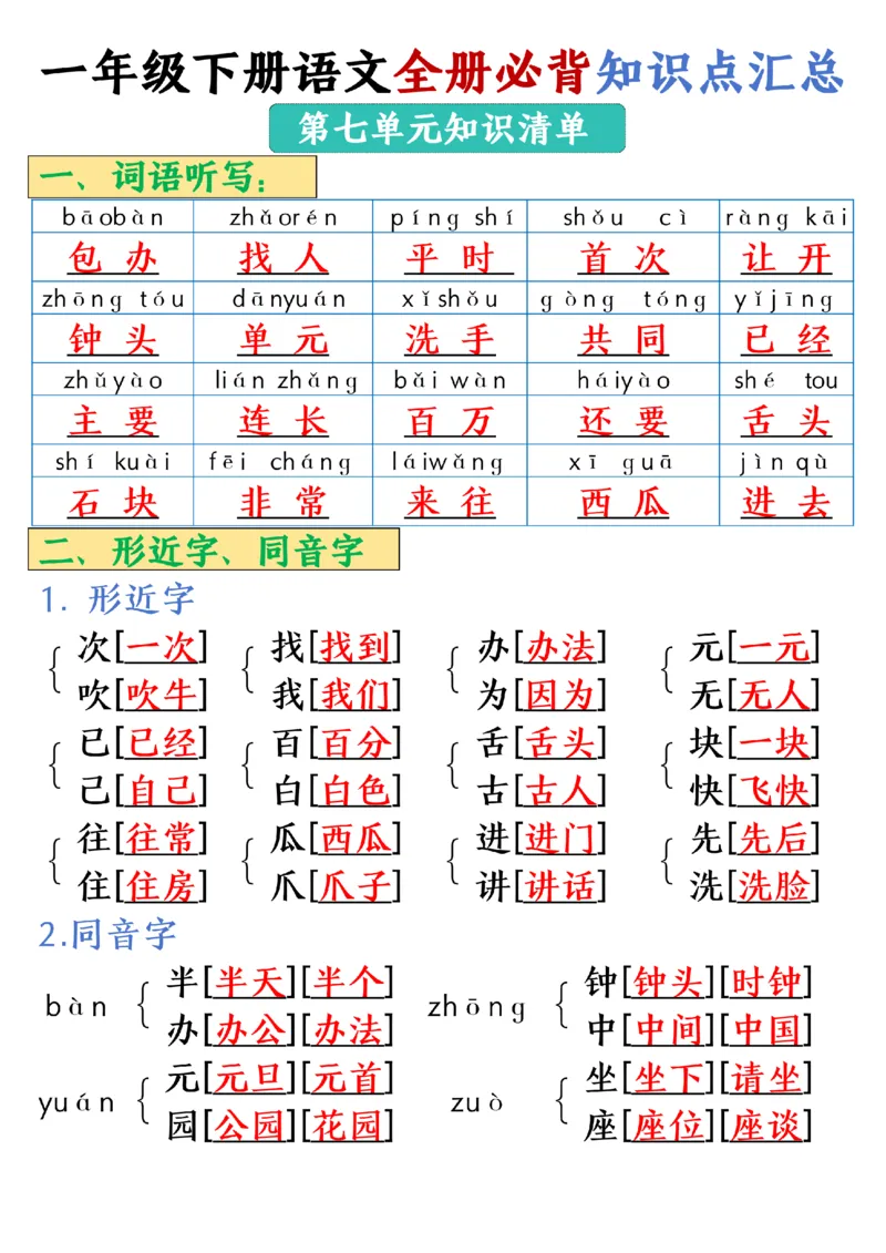 1105-25春一年级下册语文全册必背知识点汇总_一年级上下册资料_一年级下册小红书同款资料_一下数学