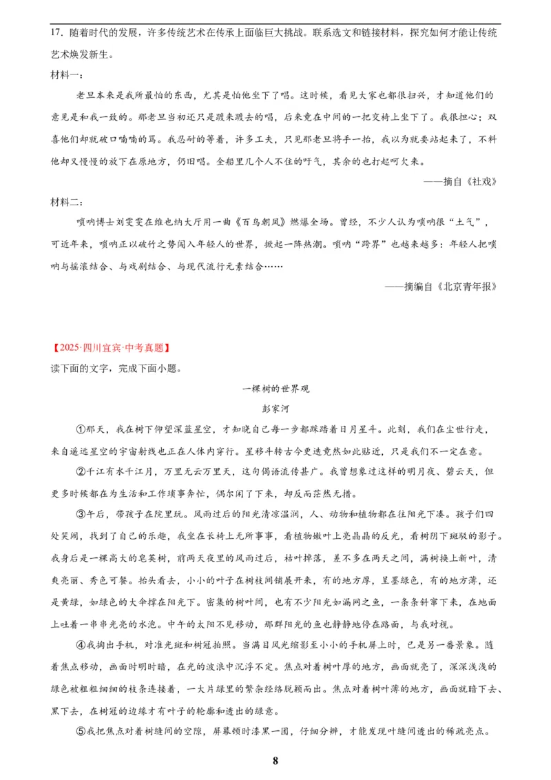 专题20散文阅读(二)(原卷版)_2023-2025《3年中考1年模拟》真题分类汇编（语文、数学）(1)_2023-2025《3年中考1年模拟真题分类汇编》语文