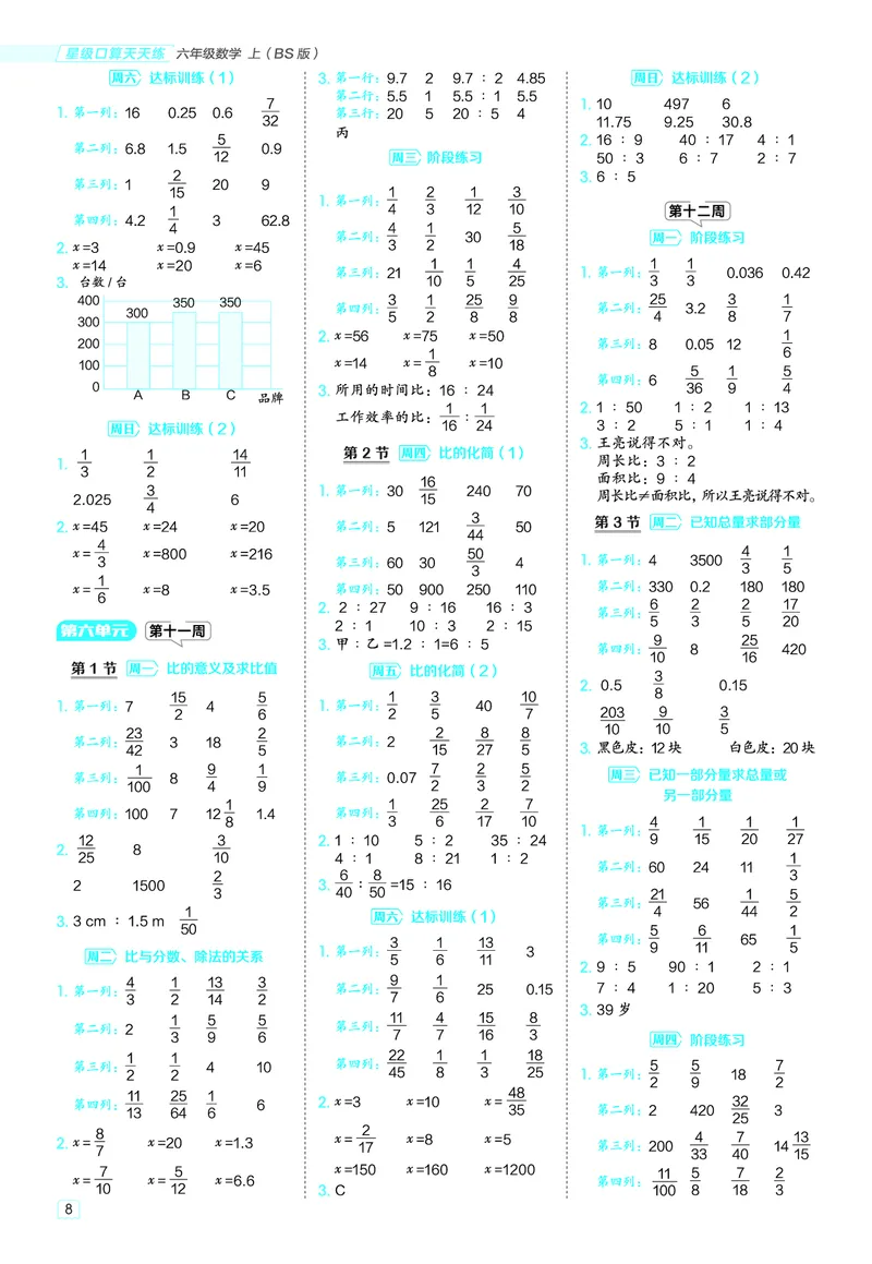 25秋星级口算天天练六年级数学上（BS版）答案_🍎星级口算北师25年上册(1)