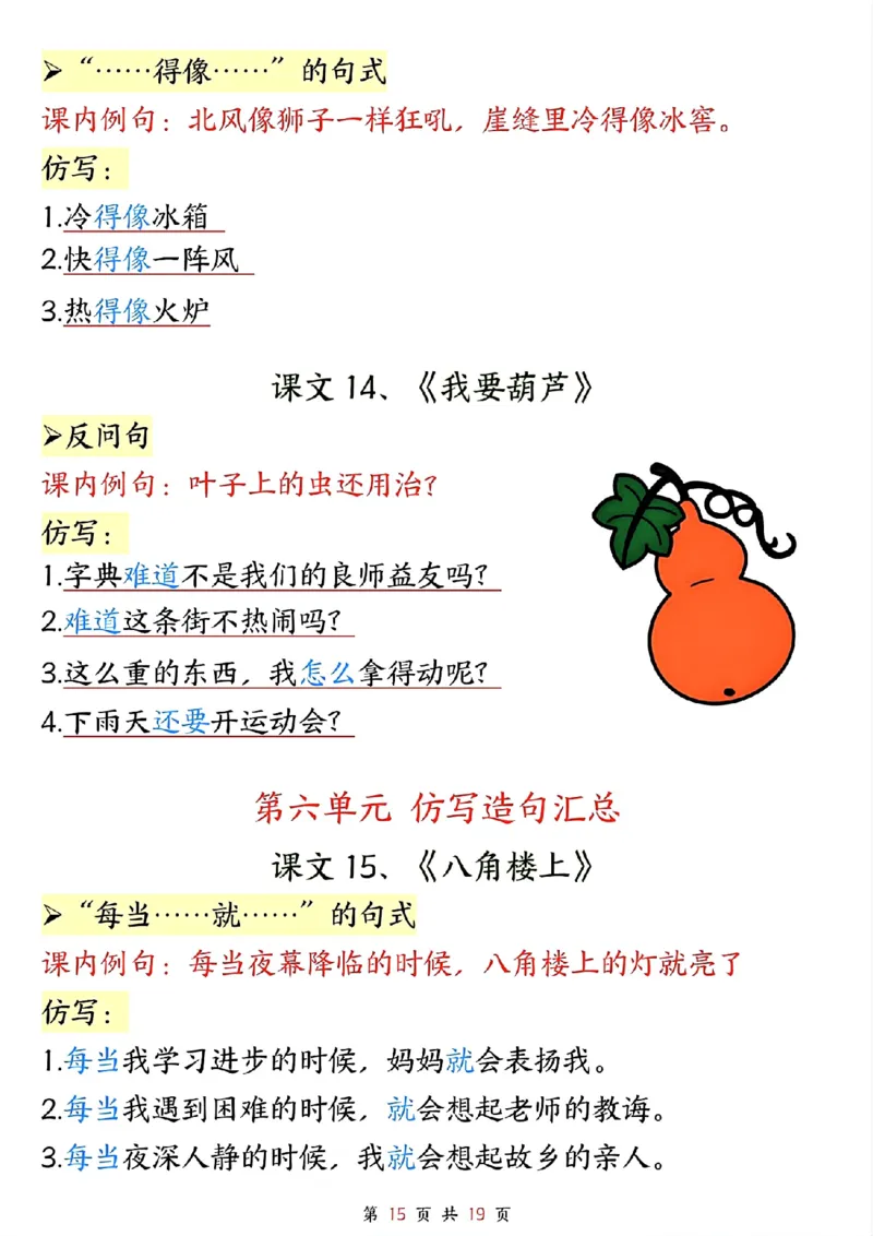 二年级上册语文全册重点句子仿写(1)_1-6年级语文仿写_二年级上册语文仿写句子+练习(1)