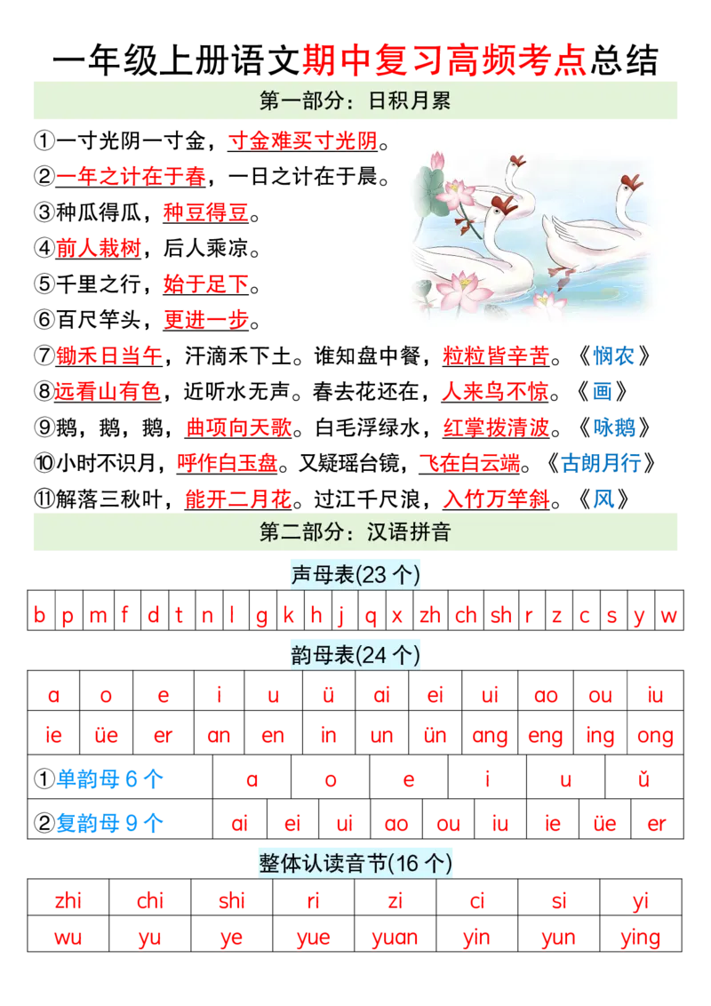 一上期中高频考点3_🍎⭐️期中知识汇总语文25年上册_一上