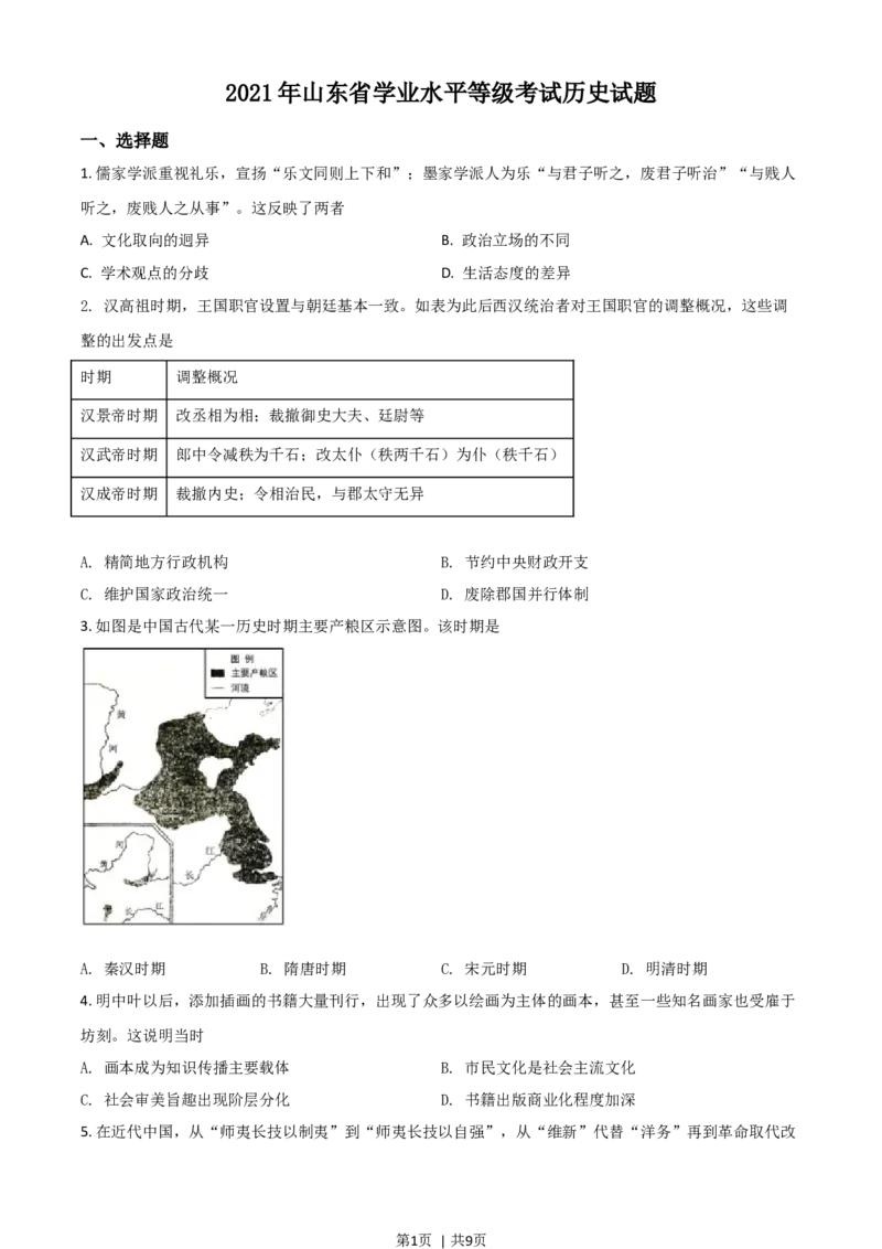 2021年高考历史试卷（山东）（空白卷）_历史历年高考真题_新&middot;Word版2008-2025&middot;高考历史真题_历史（按年份分类）2008-2025_2021&middot;历史高考真题